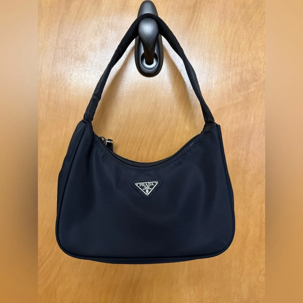 Vintage Prada Tessuto Nylon Mini Hobo Shoulder Bag Black Silver Logo Y2K - Picture 1 of 6